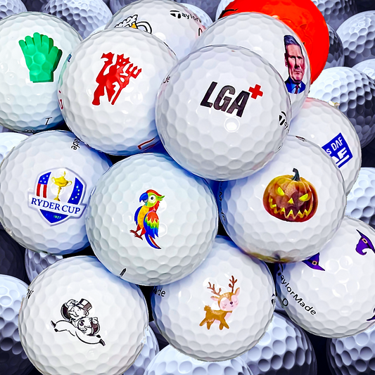 A collection of Golf Balls, each printed with various designs, text, and logos.