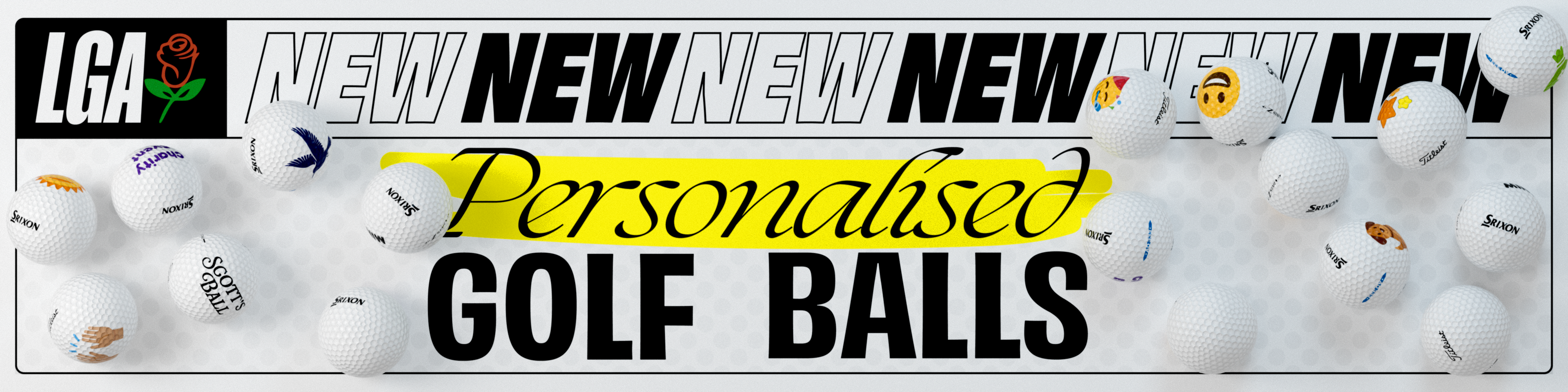 Advertisement for LGA personalised golf balls with white golf balls and branding.