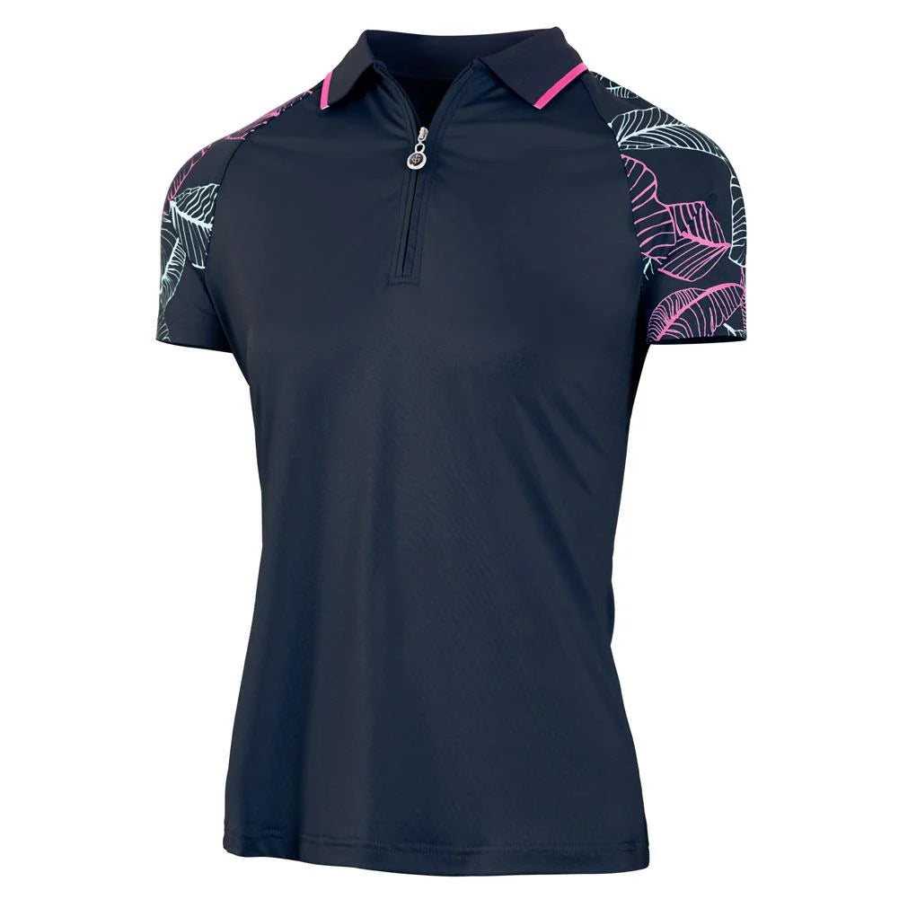 Ladies Leaf Print Raglan Sleeve Polo Shirt
